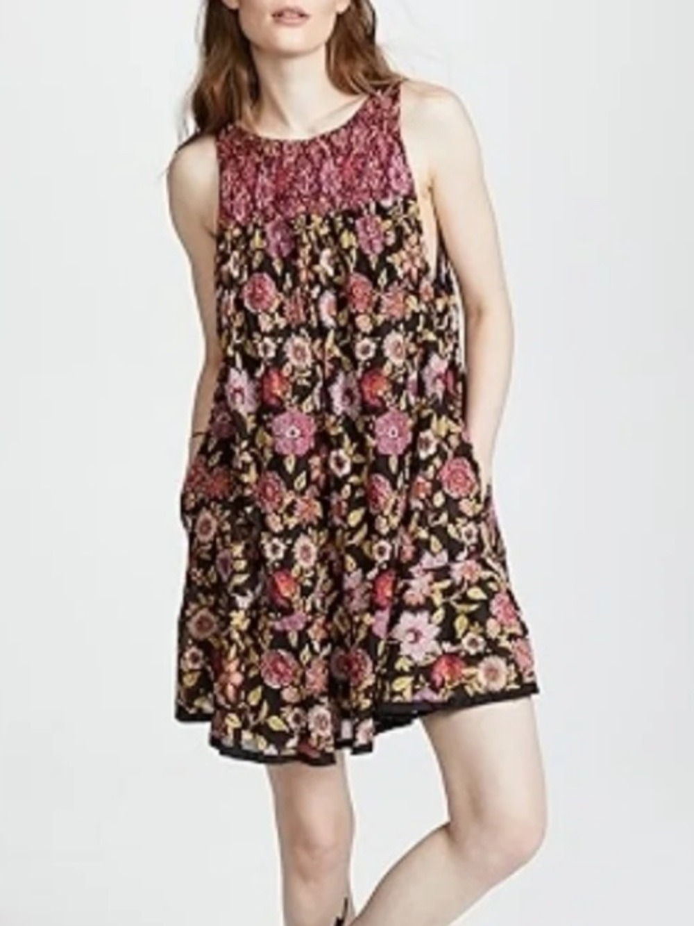 Free People Oh Baby Smocked Pink Floral Open Back Dress Pockets Oversized XS